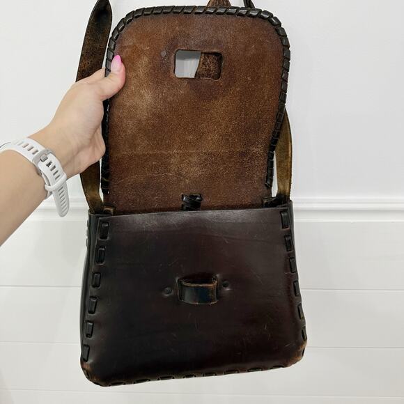 Vtg Vintage Brown Leather Rose Tooled Western Style Saddle Purse Bag - Picture 6 of 8